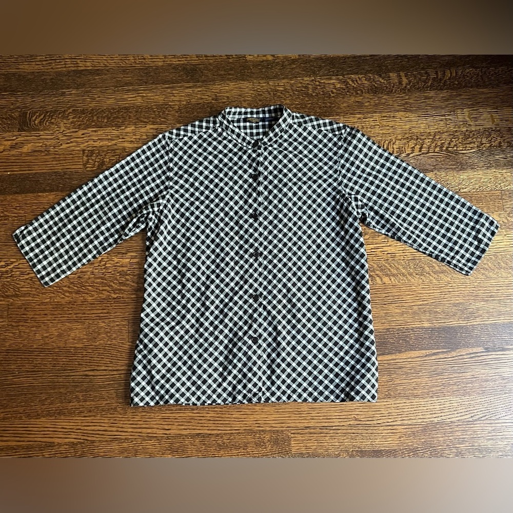 Vintage Cotton Gingham Button Down, Black and White Checkered Long Sleeve Top